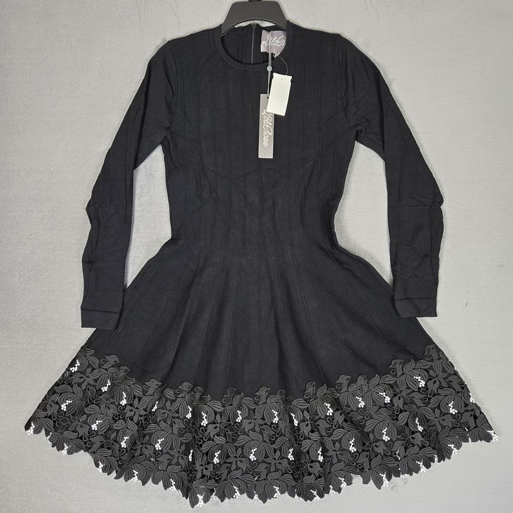 Lela Rose Fit and Flare Midi Dress Women Medium Black Lace Hem Ribbed Knit NWT